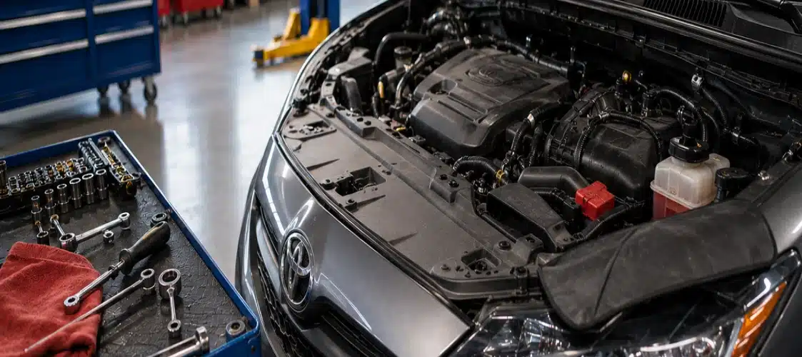 A Toyota car with its hood open is parked in a garage. Tools, a red cloth, and sockets are laid out on a nearby workbench, indicating ongoing engine maintenance or repair.