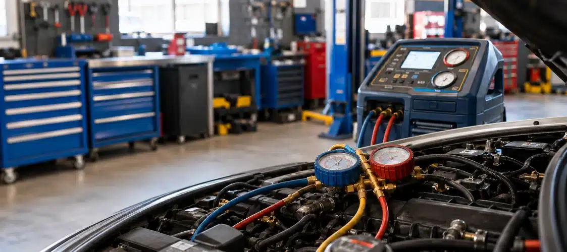 A close-up of automotive diagnostic gauges connected to a car engine in a workshop, with tool cabinets and equipment visible in the background.