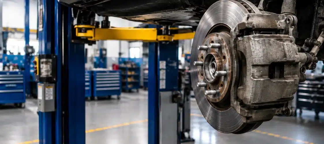 A close-up of a cars brake system and wheel hub on a hydraulic lift in an auto repair shop, with tool cabinets and equipment in the background.