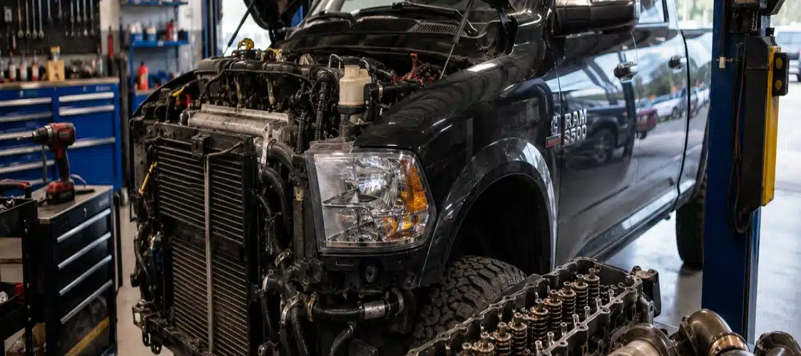 A black cummins engine pickup truck with its hood open is being repaired in an auto shop, with engine parts removed and tools visible in the background.