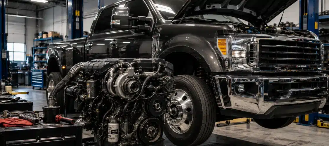 A black pickup truck in a repair shop with its hood open and engine removed. The engine is positioned in front of the truck on the floor, surrounded by tools and equipment.