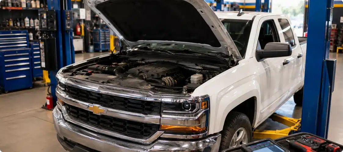 A white Chevrolet pickup truck with its hood open is parked in an auto repair shop, surrounded by tools, blue tool cabinets, and automotive equipment.