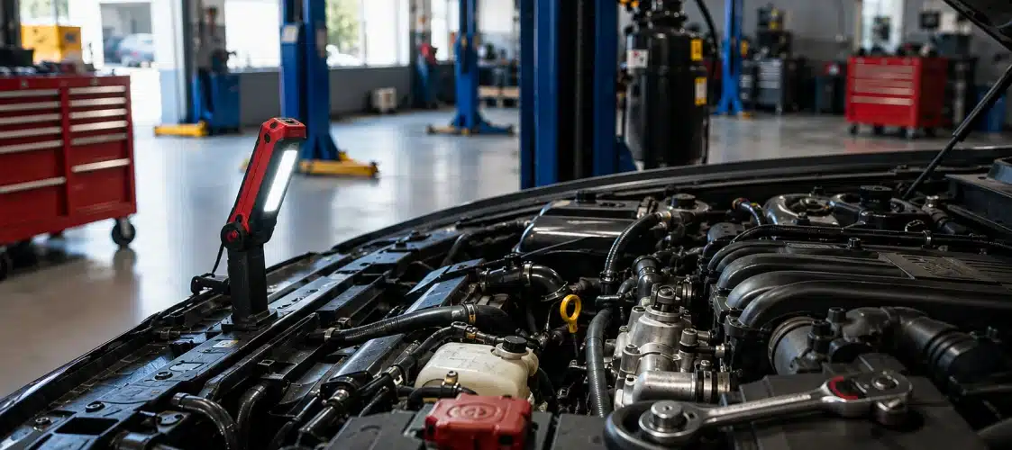 Close-up of a car engine being serviced in a brightly lit auto repair shop, with a work light shining on the engine and toolboxes and lifts visible in the background.