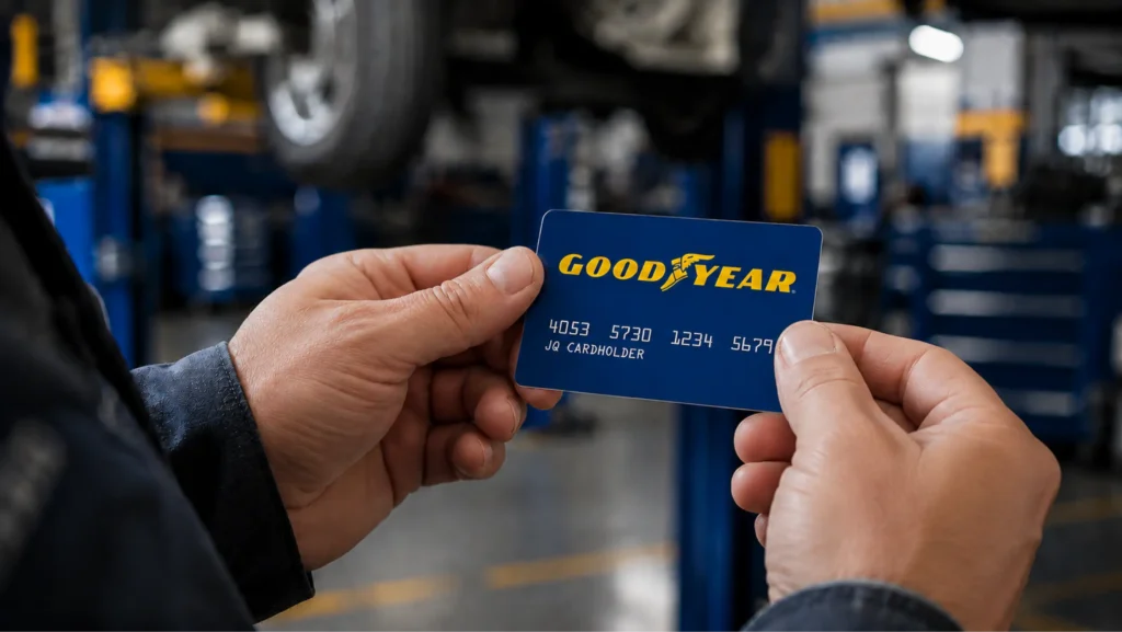 A person holds a Goodyear credit card in an auto repair shop, with car lifts and tools visible in the blurred background.