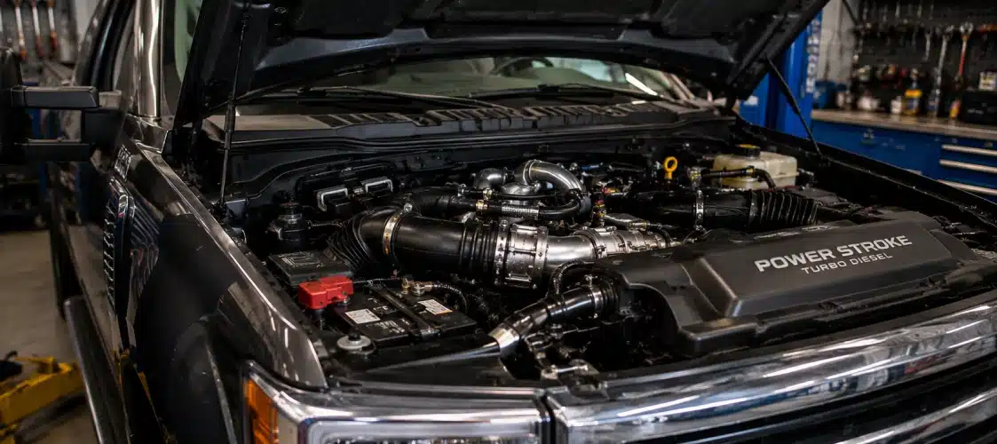 A close-up view of an open Powerstroke engine truck hood reveals a Power Stroke Turbo Diesel engine in a well-lit garage, with various engine components and tools visible in the background.