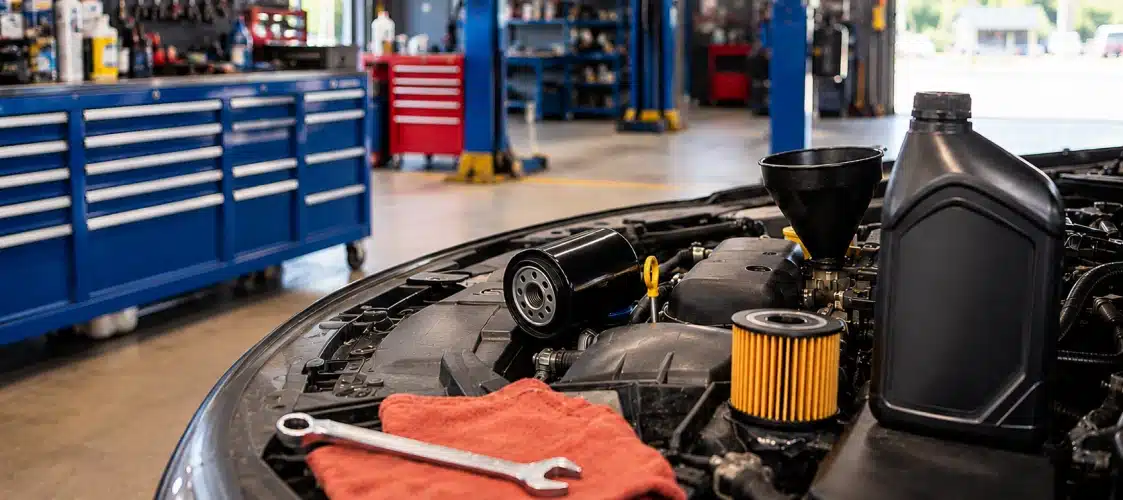 Open car hood in an auto repair shop with a wrench, oil filter, oil container, funnel, and a red cloth placed on the engine. Blue tool cabinets are visible in the background.