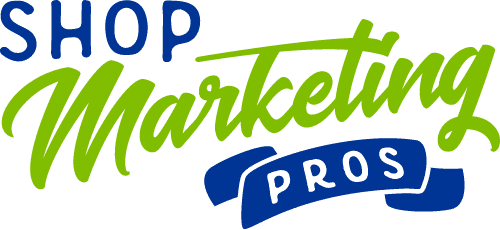 Shop Marketing Pros logo with Shop and Pros in blue, and Marketing in green script. The word Pros appears inside a blue banner below Marketing..