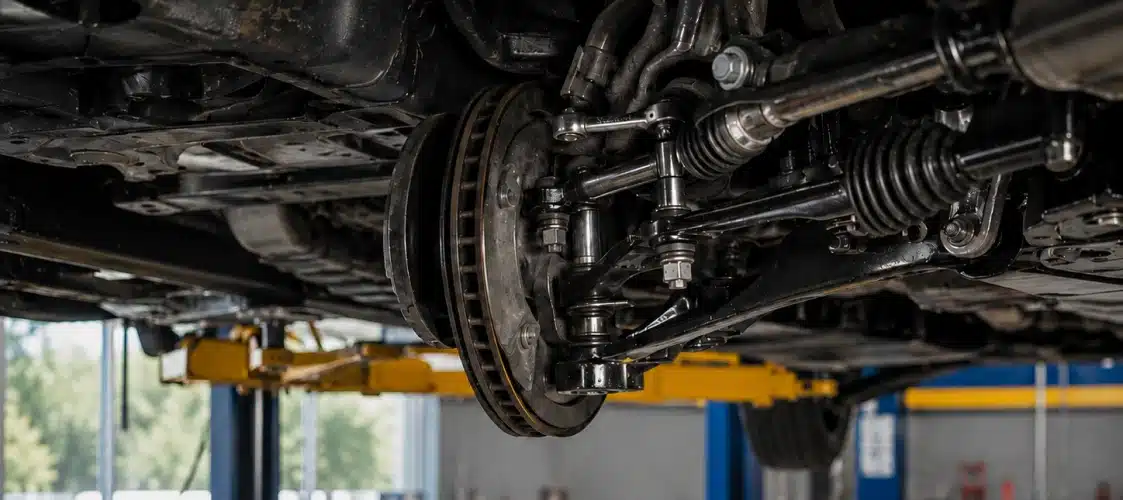 Close-up of a cars suspension and brake system on a hydraulic lift in an auto repair shop, showing metal components and parts under the vehicle.