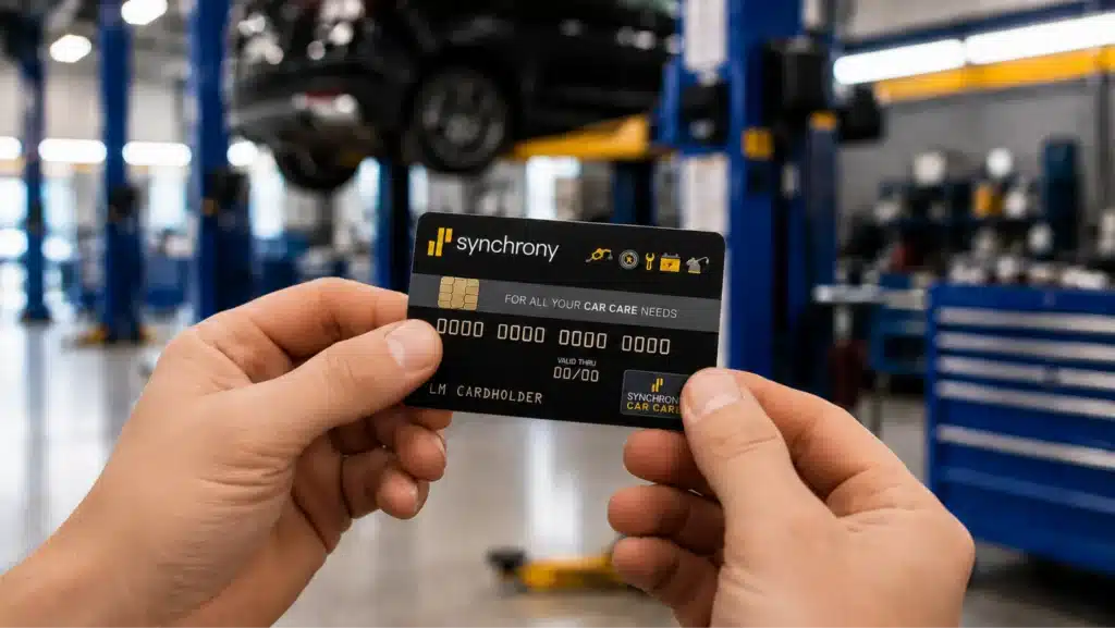 A person holds a Synchrony car care credit card in an auto repair shop, with a black car lifted on a hydraulic lift and various tools and equipment visible in the blurred background.