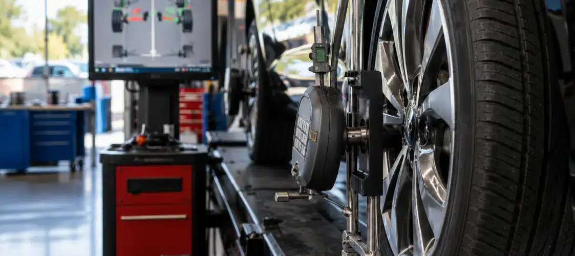Close-up of a car wheel being aligned in an auto shop, with alignment equipment attached to the wheel and a computer monitor displaying alignment data in the background.