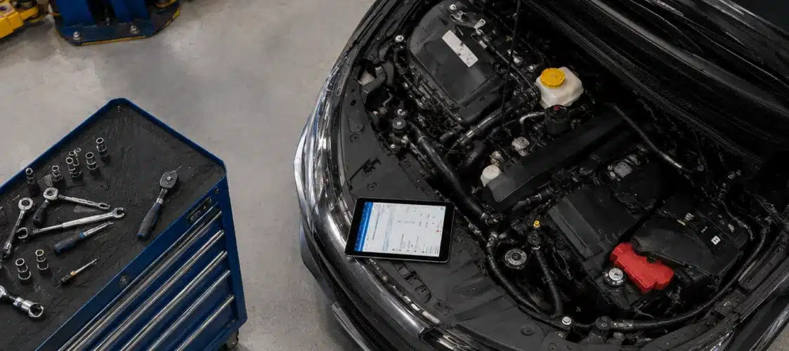 A car with its hood open is being serviced. Nearby, a blue tool chest holds assorted wrenches, sockets, and bolts. A tablet displaying diagnostic information rests on the car.