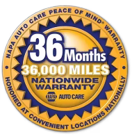 Gold and blue NAPA Auto Care badge reads: 36 Months, 36,000 Miles Nationwide Warranty with Peace of Mind Warranty and Honored at Convenient Locations Nationally around the edges.