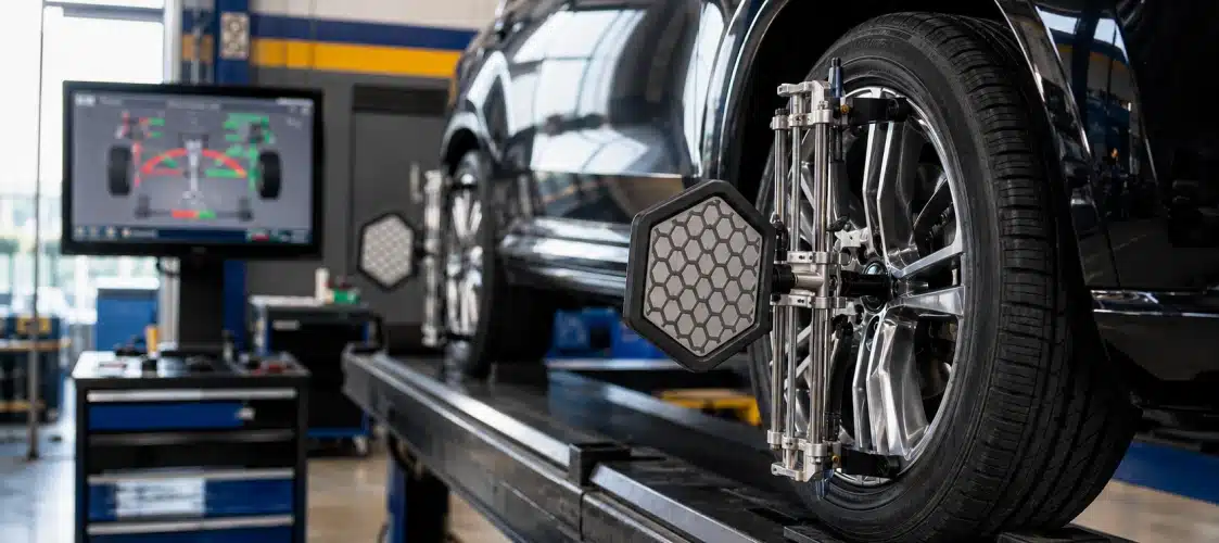 A car on an alignment machine in a workshop, with sensors attached to the wheels and a computer screen displaying wheel alignment data in the background.